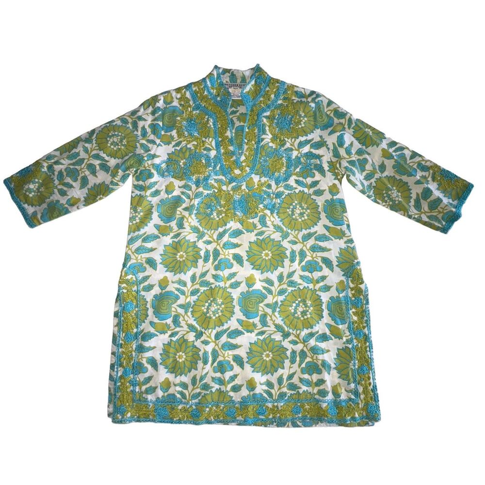 Gretchen Scott Embroidered Split Neck Tunic Top Size Large Turquoise Blue Green